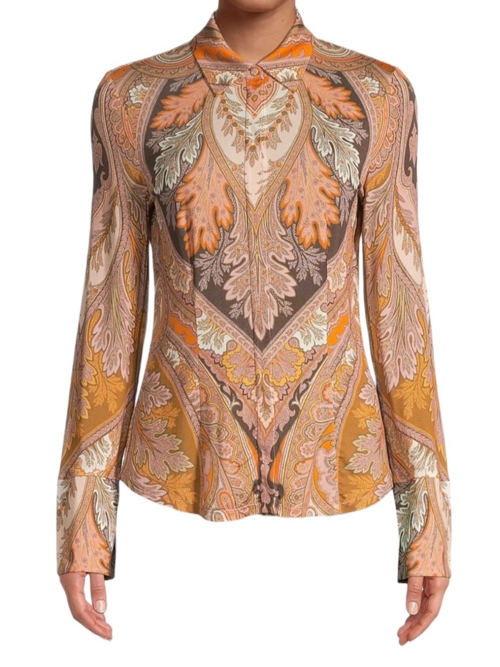 Kobi Halperin Lorraine Stretch Jersey Paisley Long Sleeve Button-Up Blouse